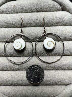 White Shiva Shell Drop Hoop Earrings - 925 Silver
